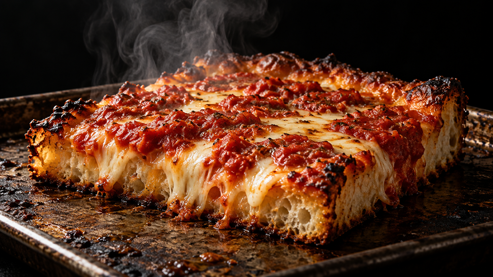 Square Sicilian pizza slice with tomato sauce layered over melted cheese on a dark tray